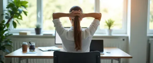 A calm, well-lit workspace with a person maintaining an upright, relaxed seated posture during a movement pause